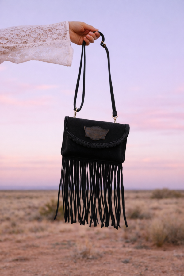 BORSETTA IN PELLE CON FRANGE LARA SILVERSTONE CARBON